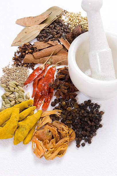 authentischen indischen gewürze - cardamom cinnamon mortar and pestle herb stock-fotos und bilder