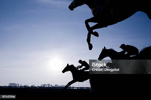 Silhouette Of Race Horses Jumping A Fence Stock Photo - Download Image Now - Horse Racing, Horse, Jockey