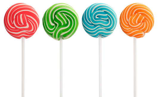 Red, green, blue and orange lollipops, with white swirls.