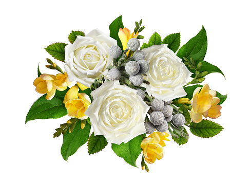Beautiful bouquet of flowers with roses, freesias and brunia isolated on white