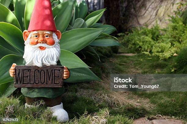 Classic Garden Gnome With Welcome Sign Stock Photo - Download Image Now - Greeting, Welcome Sign, Humor