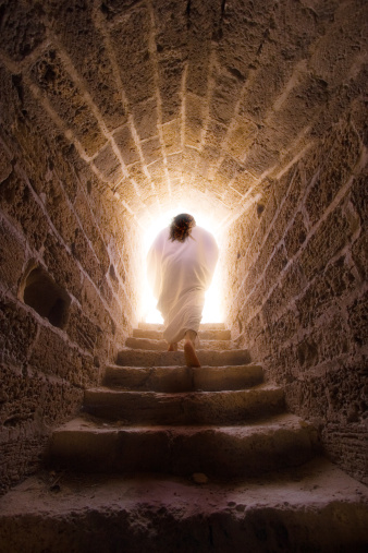 Jesus walks out of the tomb in a depiction of the resurrection of Jesus Christ.