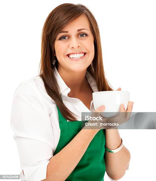 Barista Feliz Sosteniendo Una Taza De Café Foto de stock y más banco de imágenes de Barista - Barista, Chica adolescente, Café - Bebida