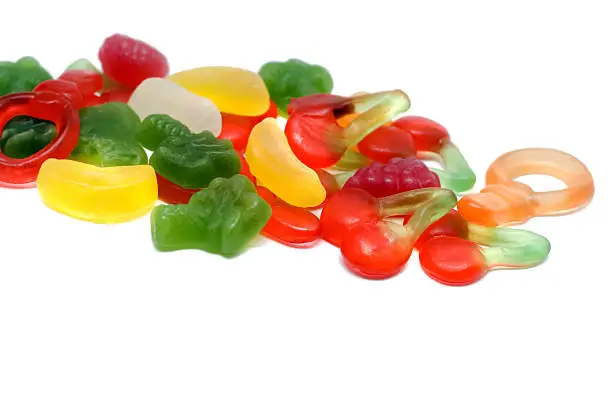 Close up of Cherry fruit gummy on white background. Assortment of colorful Cherry fruity Gummy isolated on white background