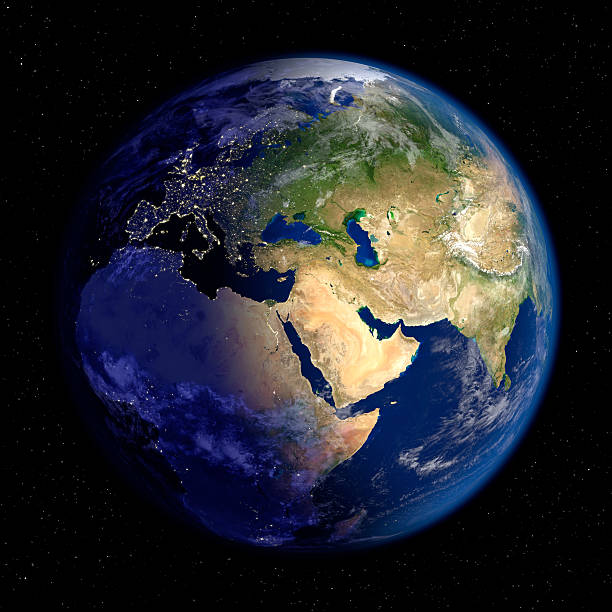Planet Earth at Night & Day (Europe and Asia) Planet Earth at Night & Day with stars. (Europe & Asia)  west asia stock pictures, royalty-free photos & images