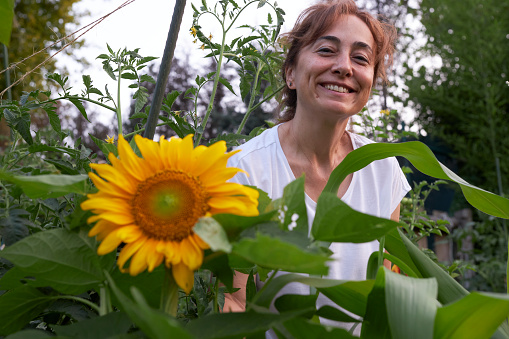 happy female farmer with sunflower plant and flower at garden