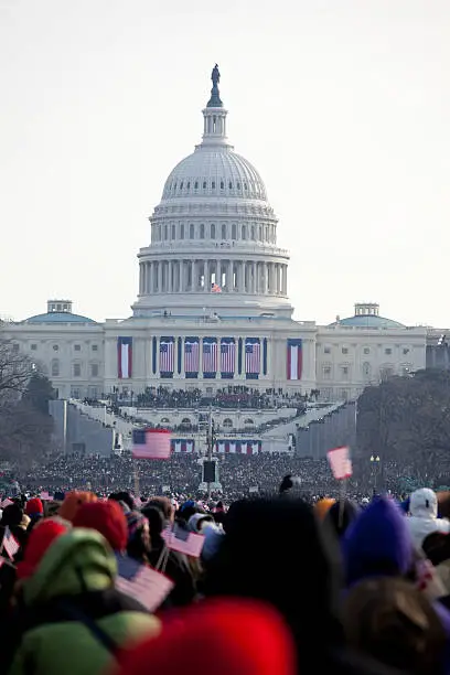 The inauguration of President Barack Obama, January 20th 2009.  Unrecognizable crowds in the Washington Mall.    