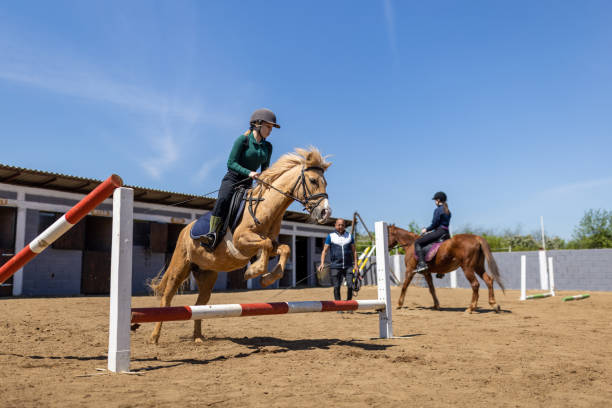 istock Girls training riding horses 1574241403