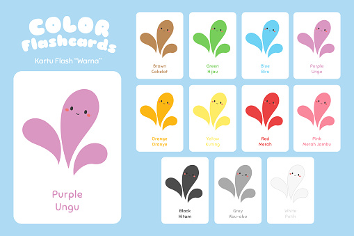 Color bilingual flashcards vector set. Cute educational flashcards for kids.