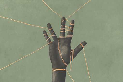 Illustration of a black tied hand, surreal abstract concept