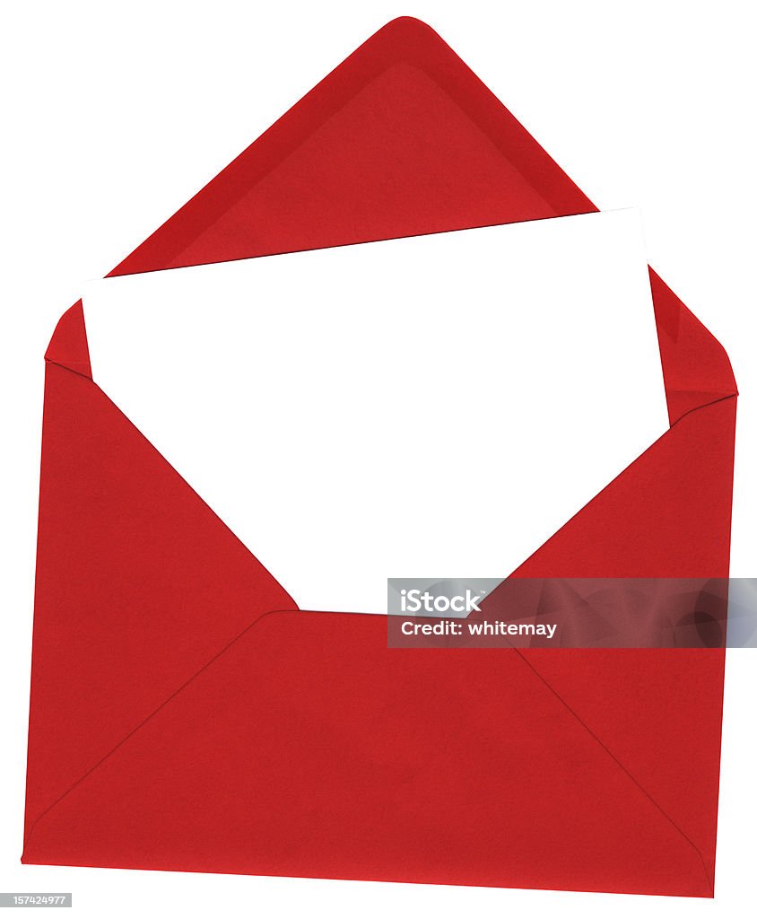 Red envelope and blank white card An open red envelope containing a blank white card for your own message. The red paper envelope has a mottled texture. Envelope Stock Photo