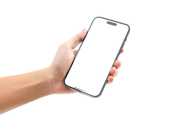 istock Hand showing smartphone with blank screen isolated on white background. 1574251795