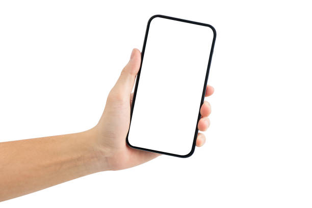 istock Hand showing smartphone with blank screen isolated on white background. 1574251805