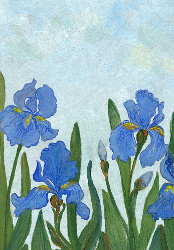 This is my art product representing three iris flowers and two buds in a spring daytime. The background is a light blue sky. I am the owner of the copyright.

See related images:
[url=/file_search.php?action=file&lightboxID=2926233][img]http://colorstudio.ro/photos/mitzaflowers.jpg[/img][/url]

