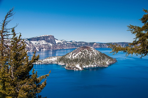 A view on the island on the Crater Lake in Oregon
