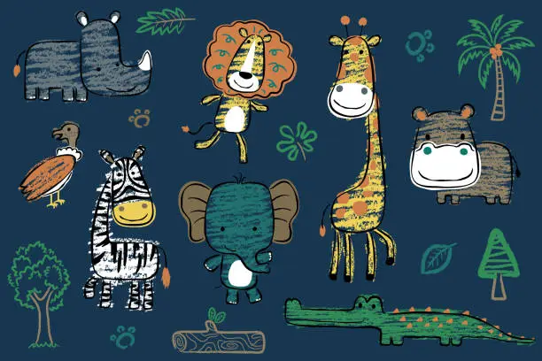 Vector illustration of Group of safari animals cartoon with forest element in hand drawn style