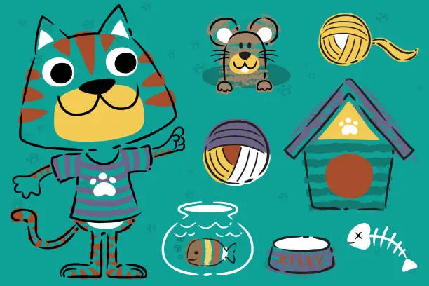 Vector illustration of Funny cat and mouse with toys in hand drawn style