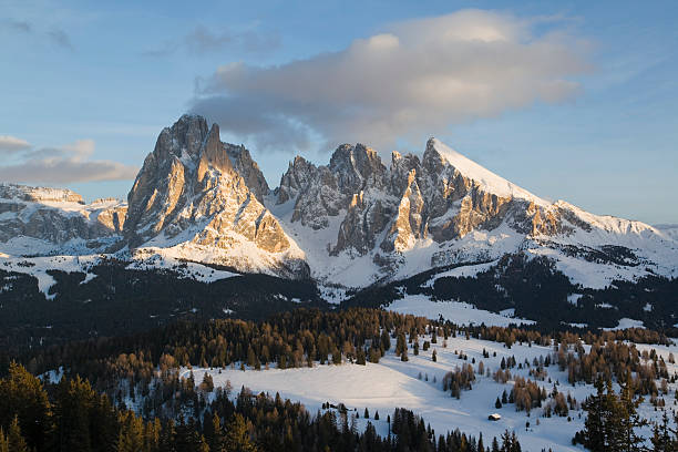 scintillio delle montagne in sella montagne, dolomiti (xxxl - schneelandschaft foto e immagini stock