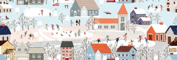 Vector illustration of Seamless pattern Winter landscape,Celebrating Christmas and New Year 2024  in City at night with happy people playing ice skate in the park,Vector horizontal banner winter wonderland in countryside