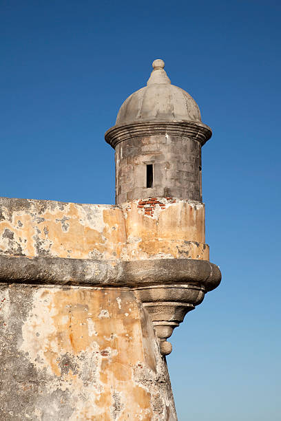 Staircase with view to a gun tower and ocean at the El Morro Fortress in Old San Juan, Puerto Rico