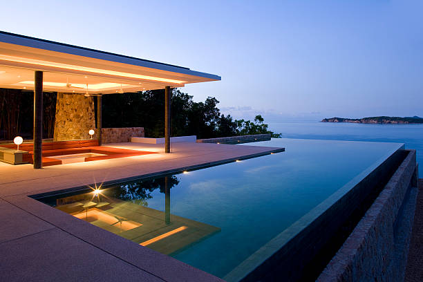 island villa - house residential structure luxury night stock-fotos und bilder