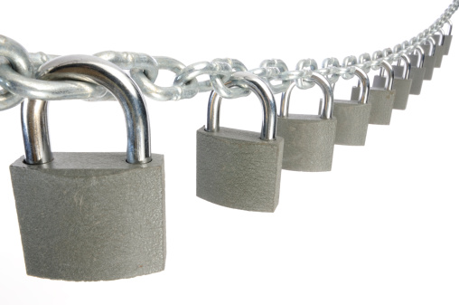 Group of padlocks on a chain.