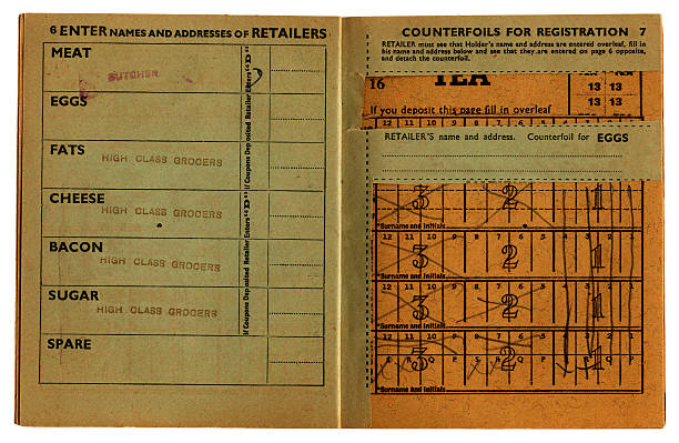 istock Closeup of an old, used British ration book opened up.  157427805