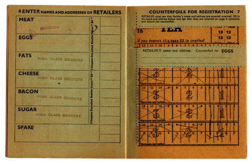 Some inside pages of an old British ration book dating from 1953-1954. 