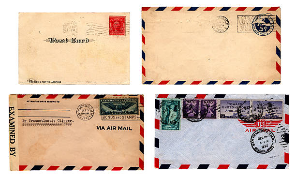 Franked San Francisco mail A postcard and three envelopes all posted in San Francisco: 1905, 1929, 1942 and 1952. The 1942 envelope bears a wartime censor's sticker. Some of the stamps commemorate NATO and the United Nations, while another celebrates the Grand Coulee Dam. One postmark exhorts the recipient to 'Buy Defense Savings Bonds and Stamps'. postmark photos stock pictures, royalty-free photos & images