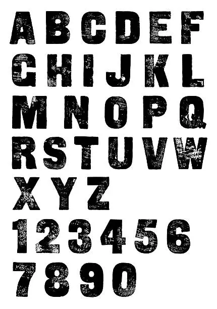 Classic Retro poster style font cut from woodblocks. Letterpress Caps and numbers hand printed using printing ink and roller. Each letter and figure cleaned up and scanned to a very high quality.