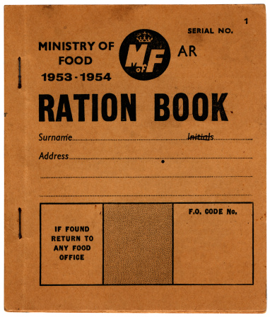 The front cover of an old British ration book dating from 1953-1954. (Name and identifying numbers removed.) Also see: