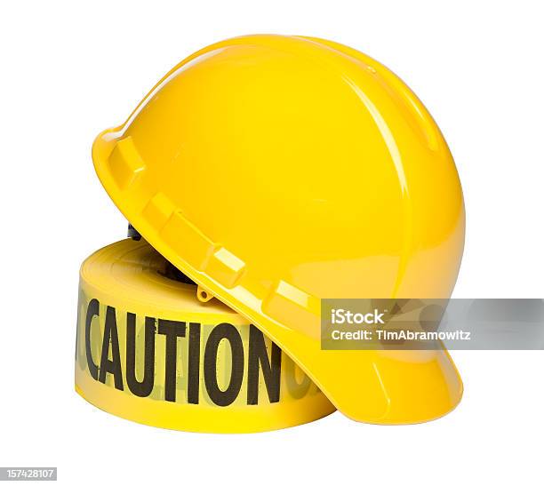 Hard Hat And Caution Tape Stock Photo - Download Image Now - Hardhat, Cut Out, Helmet