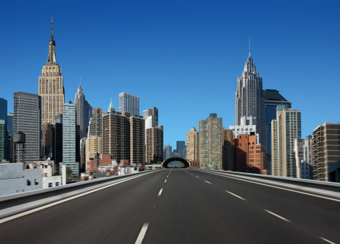 Going on Empty Highway in New York,  Fictive Buildings Panorama, Photomontage.
