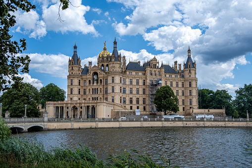 Schwerin, Mecklenburg-Vorpommern Germany, 07 06 2023: View across the water from Lake Schwerin to Schwerin Castle