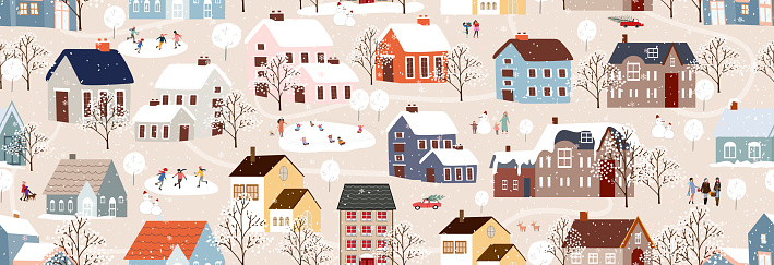 Seamless pattern Winter landscape,Celebrating Christmas and New Year 2024  in City at night with happy people playing ice skate in the park,Vector horizontal banner winter wonderland in countryside