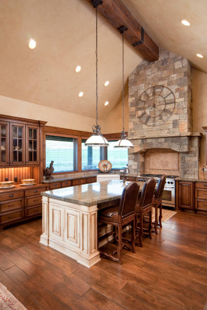 istock Vertical shot of a natural tone kitchen with island 157428809
