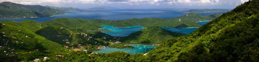 panoramic view from Bordeaux Mountain looking down to Coral Bay, St. John, US Virgin Islands with Tortola in background
