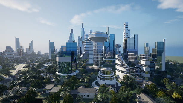 istock Futuristic green city concept, 3d render 1574290611