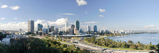 Perth Cityscape Panorama The city of Perth, state capital of Western Australia, with the Swan River visible to the right.  High resolution panoramic photograph. perth australia photos stock pictures, royalty-free photos & images