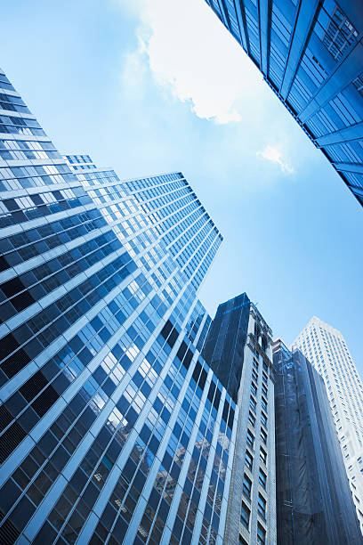blu skyscapers di manhattan, new york city - wall street finance skyscraper business foto e immagini stock