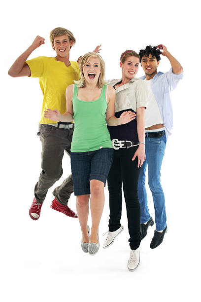 istock Happy jumping group of friends 157429549