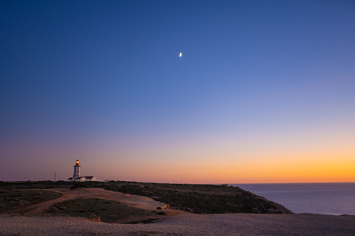 Cabo Espichel lighthouse at twilight in Sesimbra, Setúbal, Portugal