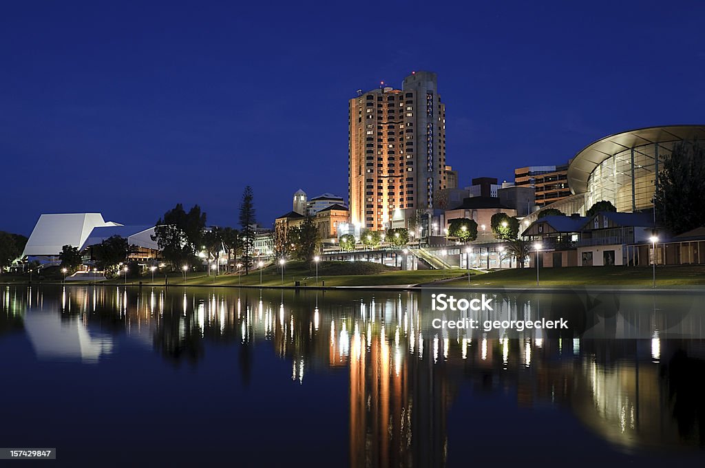 Central Adelaide at Night Central Adelaide across the river Torrens.  The city's Convention Centre is visible to the right of the picture, and the Festival Centre to the left hand side. Adelaide Stock Photo