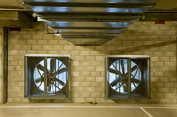 Industrial exhaust fan. Industrial cooling unit. Grille for heavy duty central air conditioning system fan.