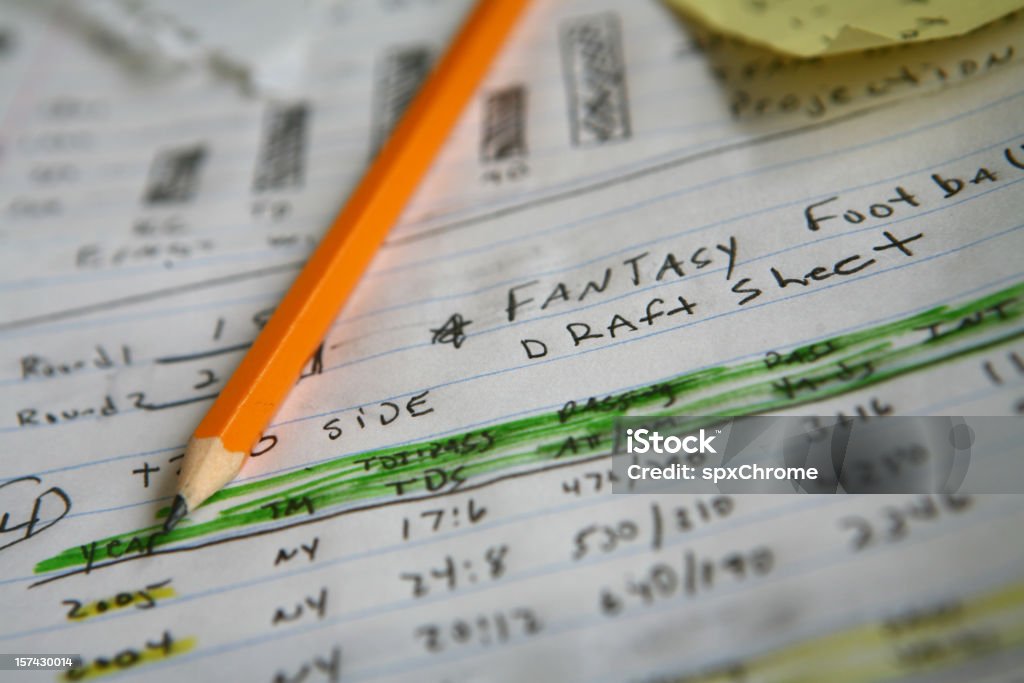 Fantasy Football Notes Fantasy Football Draft Day Notes. American Football - Ball Stock Photo