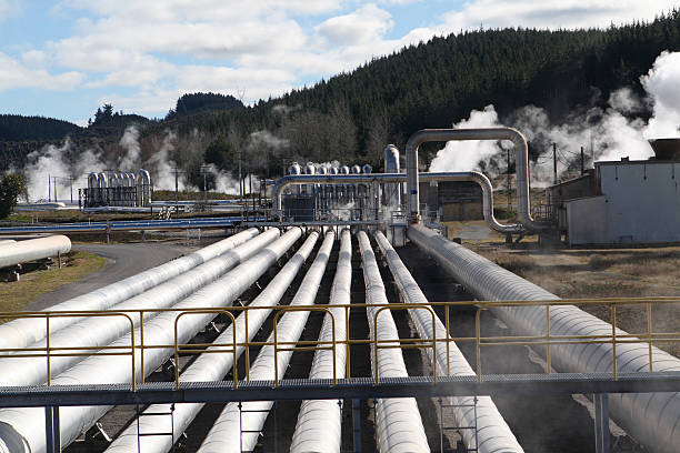 Steam pipes at a Geothermal power station stock photo