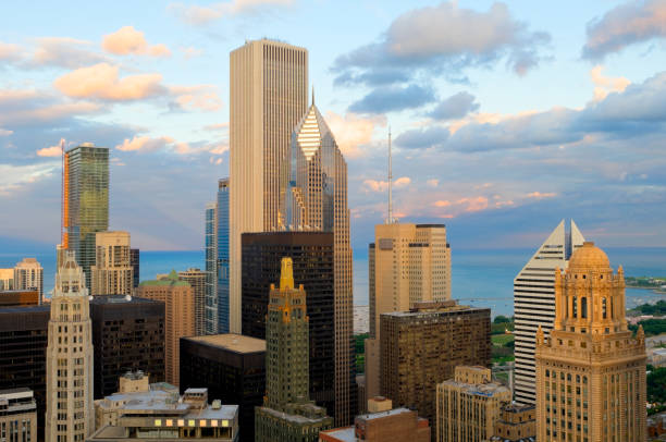 Aerial View of Chicago - River East  aon center chicago photos stock pictures, royalty-free photos & images