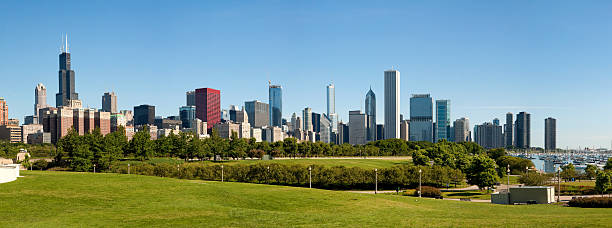 Panoramic Chicago skyline – XXXL Morning view of Chicago skyline from Field Museum during the summer. aon center chicago photos stock pictures, royalty-free photos & images