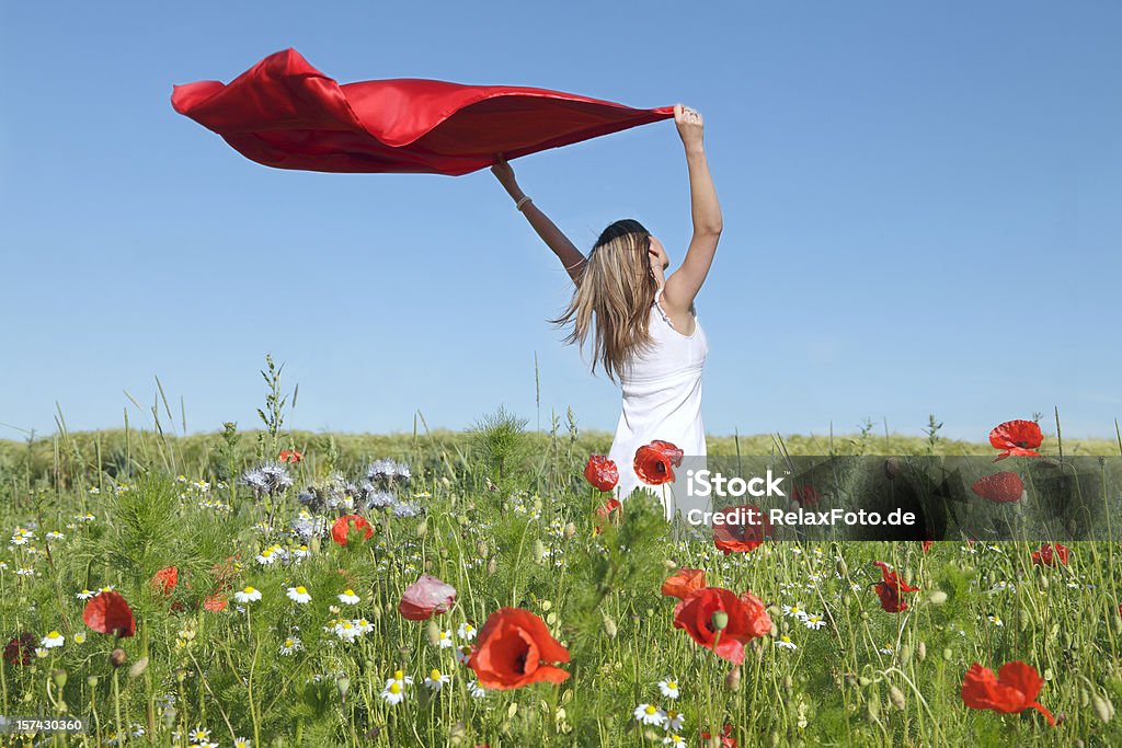 女性に立つポピーのフィールドを保持赤のスカーフ風 - 六月のロイヤリティフリーストックフォト