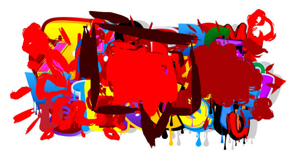 istock Red Graffiti speech bubble on colorful background. Abstract modern Messaging sign street art decoration, Discussion icon performed in urban painting style. 1574305973